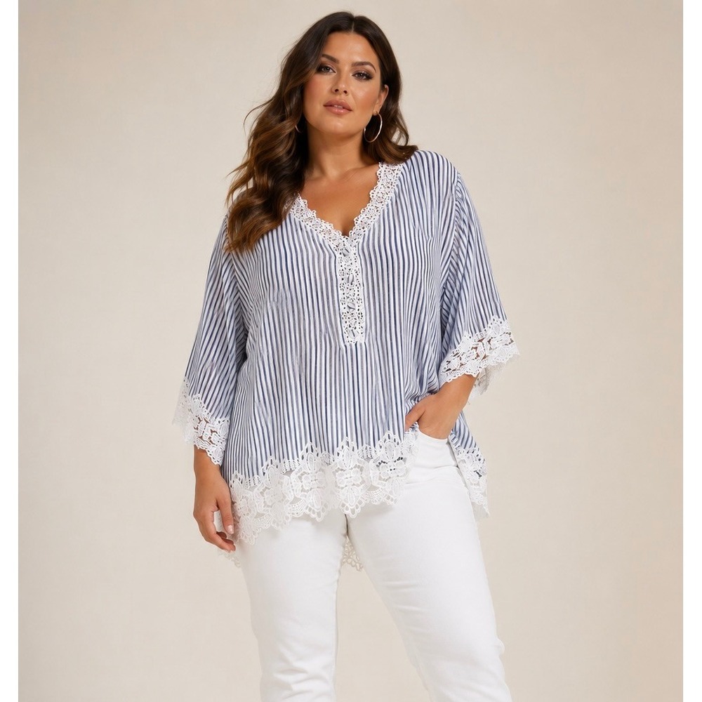 Catherine Malandrino Tunic Blue White Striped Lace Trim Boho Peasant Top / 3X